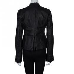 Pre Owned Emporio Armani Black Leather Chiffon Trim Fitted Jacket L