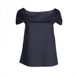 Pre Owned Emporio Armani Grey Cotton Pleat Detail Cap Sleeve Top L