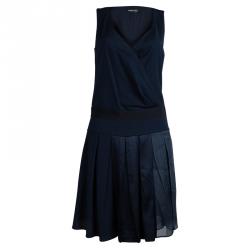 Pre Owned Emporio Armani Navy Blue Box Pleated Overlap Sleeveless Dress S                                    