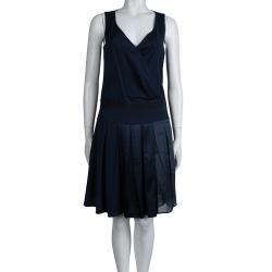 Pre Owned Emporio Armani Navy Blue Box Pleated Overlap Sleeveless Dress S                                    