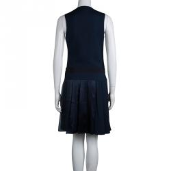 Pre Owned Emporio Armani Navy Blue Box Pleated Overlap Sleeveless Dress S                                    