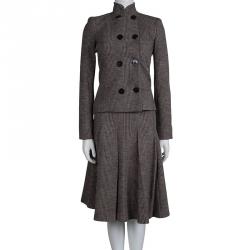 Pre Owned Giorgio Armani Brown Prince Of Wales Checkered Wool Skirt Suit XS