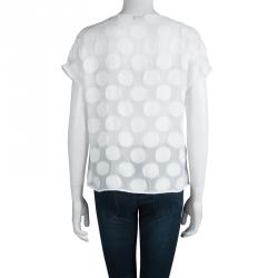 Pre Owned Emporio Armani White Polka Dot Chiffon Jacquard Short Sleeve Top M