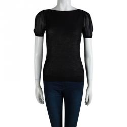Pre Owned Emporio Armani Black Rib Knit Short Sleeve Top S