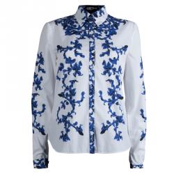 Erdem White and Blue Printed Long Sleeve Button Front Cotton Shirt S