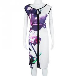 Pre Owned Escada White Floral Printed Knit Contrast Trim Detail Shift Dress XL
