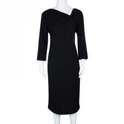 Pre Owned Escada Black Scuba Knot Detail Long Sleeve Dress L
