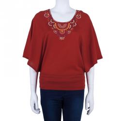 Pre Owned Escada Red Knit Embellished Top S