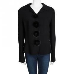 Escada Black Textured Wool Mink Trim Jacket M
