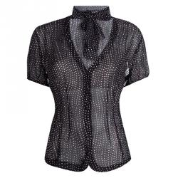 Pre Owned Escada Navy Blue Dot Print Silk Blouse and Skirt Set M