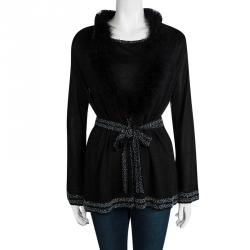 Pre Owned Escada Black Lurex Knit Fur Trim  Beaded Cardigan and Sleeveless Top Set M