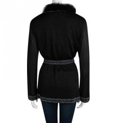 Pre Owned Escada Black Lurex Knit Fur Trim  Beaded Cardigan and Sleeveless Top Set M