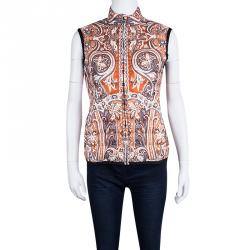 Pre Owned Etro Orange Paisley Printed Quilted Puffer Vest S