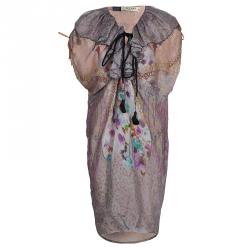 Pre Owned Etro Printed Ruffle Collar Tassel Tie-Up Crushed Silk Dress M