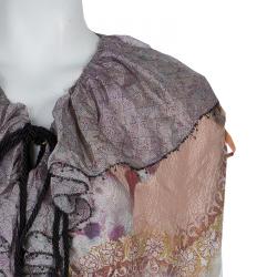 Pre Owned Etro Printed Ruffle Collar Tassel Tie-Up Crushed Silk Dress M