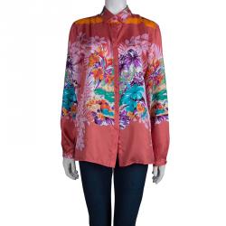 مملوكة مسبقًا قميص إيترو حرير مطبوع مورد بأكمام طويلة أزرار أمامية L