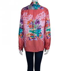 مملوكة مسبقًا قميص إيترو حرير مطبوع مورد بأكمام طويلة أزرار أمامية L