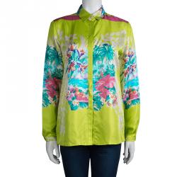 Pre Owned قميص إيترو حرير أخضر فاتح مورد بأكمام طويلة أزرار أمامية M