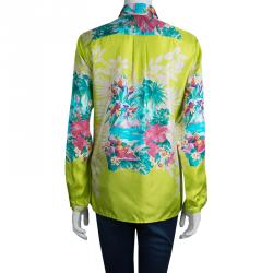 Pre Owned قميص إيترو حرير أخضر فاتح مورد بأكمام طويلة أزرار أمامية M