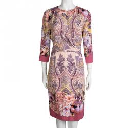 Etro Multicolor Printed Silk Draped Front Faux Wrap Dress L