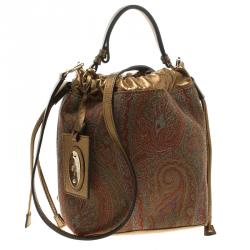 مملوكة مسبقًا Etro Gold Paisley Printed Fabric and Leather Crossbody Bucket Bag