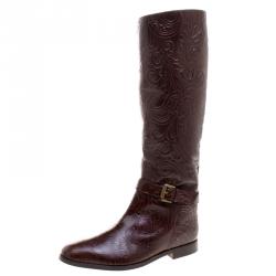 Pre Owned Etro Brown Paisley Embossed Leather Knee High Boots Size 40