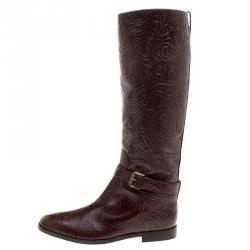 Pre Owned Etro Brown Paisley Embossed Leather Knee High Boots Size 40