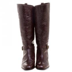 Pre Owned Etro Brown Paisley Embossed Leather Knee High Boots Size 40