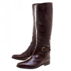 Pre Owned Etro Brown Paisley Embossed Leather Knee High Boots Size 40