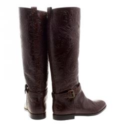 Pre Owned Etro Brown Paisley Embossed Leather Knee High Boots Size 40