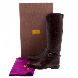 Pre Owned Etro Brown Paisley Embossed Leather Knee High Boots Size 40