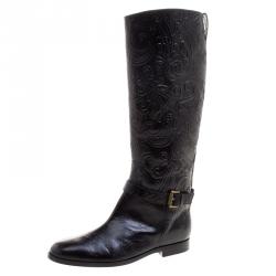 Pre Owned Etro Black Paisley Embossed Leather Knee High Boots Size 40
