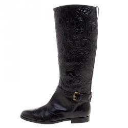 Pre Owned Etro Black Paisley Embossed Leather Knee High Boots Size 40