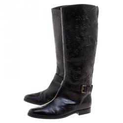 Pre Owned Etro Black Paisley Embossed Leather Knee High Boots Size 40