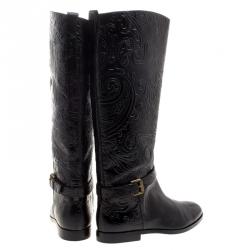 Pre Owned Etro Black Paisley Embossed Leather Knee High Boots Size 40