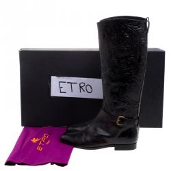 Pre Owned Etro Black Paisley Embossed Leather Knee High Boots Size 40