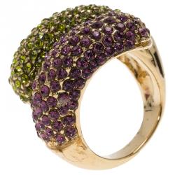 Pre Owned Etro Purple and Green Crystal Gold Tone Ring Size 57