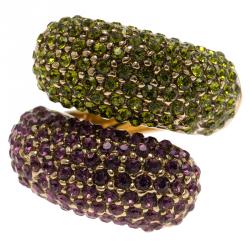 Pre Owned Etro Purple and Green Crystal Gold Tone Ring Size 57