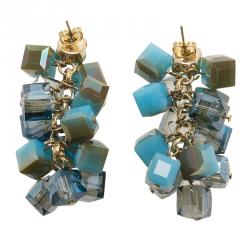 Pre Owned Etro Blue Crystal Cubes Gold Tone Dangle Earrings