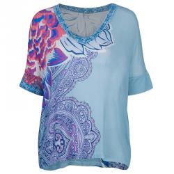 Pre Owned Etro Blue Multicolor Print Short Sleeve Sweater S