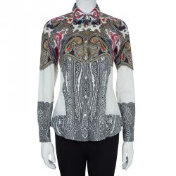 Pre Owned قميص إيترو كم طويل أزرار أمامية بيج منقوش S