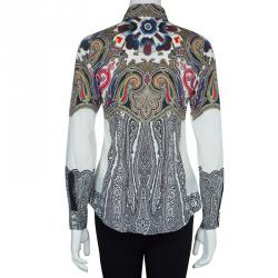 Pre Owned قميص إيترو كم طويل أزرار أمامية بيج منقوش S