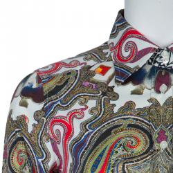 Pre Owned قميص إيترو كم طويل أزرار أمامية بيج منقوش S