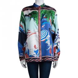 مملوكة مسبقًا قميص إيترو كم طويل وأزرار أمامية حرير منقوش متعدد الألوان L