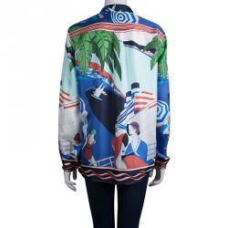 مملوكة مسبقًا قميص إيترو كم طويل وأزرار أمامية حرير منقوش متعدد الألوان L