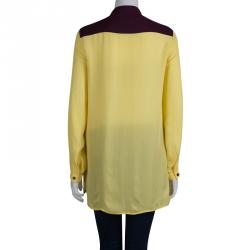 Pre Owned Etro Yellow Silk Pintucked Lace Insert Long Sleeve Blouse M