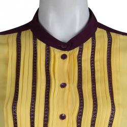 Pre Owned Etro Yellow Silk Pintucked Lace Insert Long Sleeve Blouse M