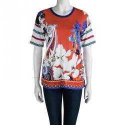 مملوكة مسبقًا توب إيترو مطبوع مورد متعدد الألوان أكمام قصيرة شفاف M