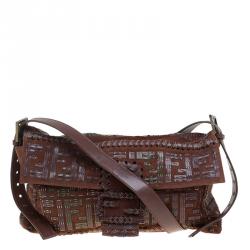 Fendi Brown Suede and Leather Large Convertible Stitched Baguette Bag