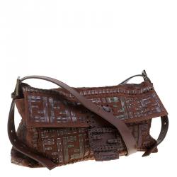 Fendi Brown Suede and Leather Large Convertible Stitched Baguette Bag
